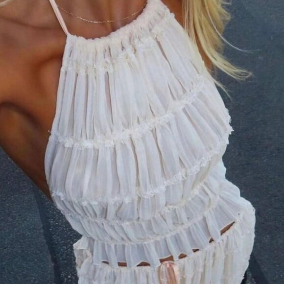 Beige Boho Women's Sexy Backless pleated Transparent Halter Neck top & skirt set - Picture 7 of 8